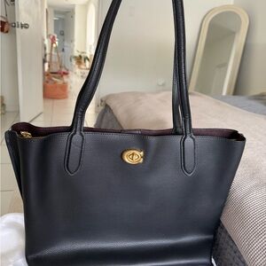 Coach Willow Black Leather Tote with Gold Accents